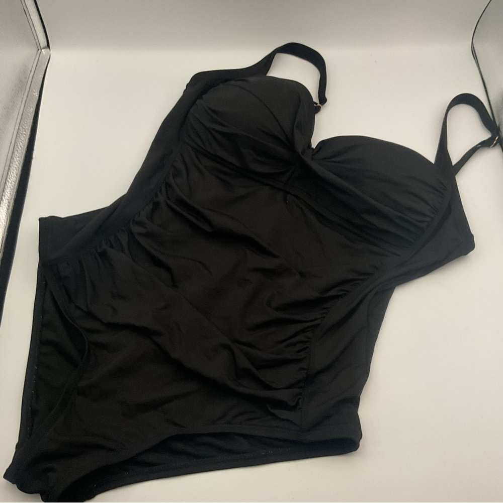 Liz Claiborne Sz 14 Sweetheart Twist Black Ruched 1 Pc Swimsuit Adjust Strap